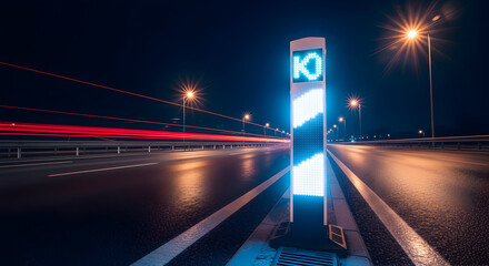 Illuminated Roadside Sign And Blurred Car Lights On Highway At Night