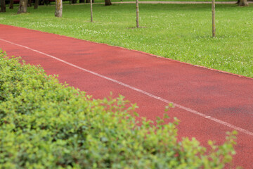 Red running track with white line. Running track in the park with selective focus. Running track surface close-up. Marked white line on the sports field. Background