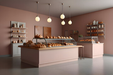  3D render of a clean bakery with pastel-colored walls, a pastry display counter, and small tables. Light, elegant and sweet atmosphere for food, design or local business projects