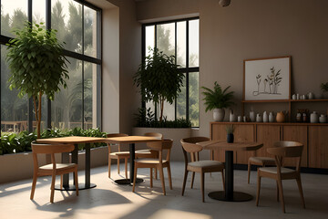 A minimal 3D illustration of a small café interior with wooden tables, neutral walls, natural light streaming through large windows, and potted plants. Calm and cozy aesthetic perfect for lifestyle 