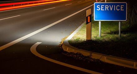 Illuminated Service Area Sign Beside Dark Highway With Blurred Car Lights