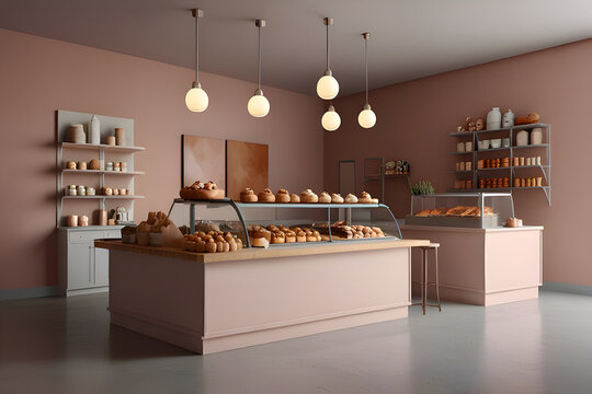  3D render of a clean bakery with pastel-colored walls, a pastry display counter, and small tables. Light, elegant and sweet atmosphere for food, design or local business projects