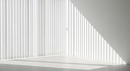 Fototapeta premium Sunlight streams through vertical blinds casting striped shadows across a minimalist white room corner
