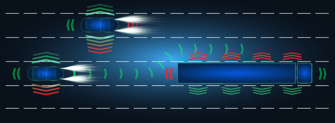 Two vehicles utilizing advanced sensor systems navigate adjacent lanes of a highway at night, illustrating features like lane-keeping and object detection