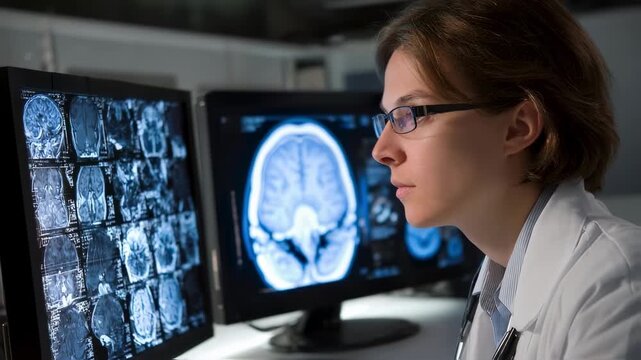 Healthcare professional examining MRI scans showing spinal arch malformation and protruding neural tissue characteristic of spina bifida.