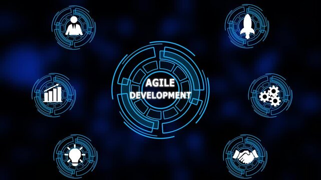 Business, Internet and network concept. AGILE DEVELOPMENT responsibility ethics goals company concept. a futuristic holographic advanced HUD circle platform ...