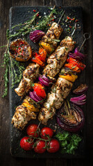 Chicken kebabs on skewers with grilled vegetables and herbs
