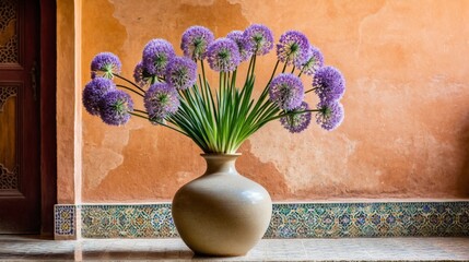 A vase of purple flowers sits on a tiled floor in front of a wall