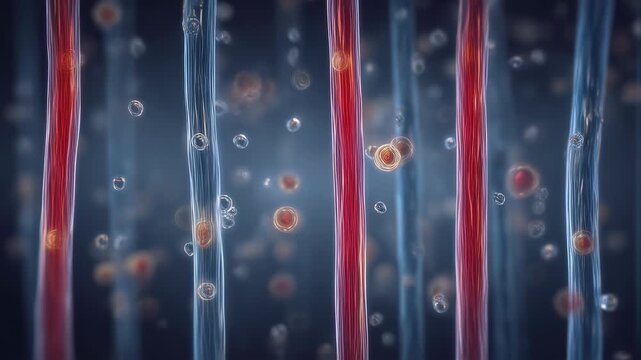 Timelapse style footage of ion bars fluctuating across a gradient background illustrating cellular dehydration from potassium loss.