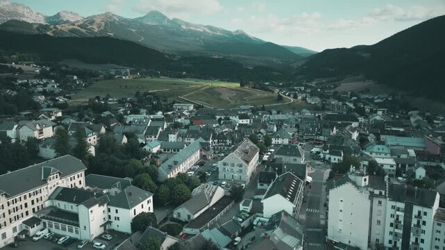 Aerial shot of town centre in Villard-de-Lans, French Alps