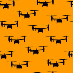Seamless pattern with silhouettes of flying drones quadcopters on an orange background. Vector illustration. For creating modern techno patterns.