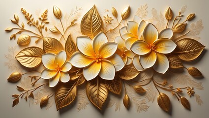 Elegant golden plumeria flowers with white and yellow petals create a luxurious and decorative botanical arrangement