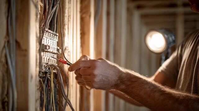 Detailed image of an electricians hands threading wiring amid exposed wall studs in a new home build with a circuit breaker box open to the side and workspace lit by a focused