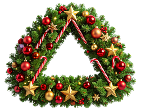 Cartoon Plastic Style Golden Triangle Wreath – 3D Holiday Decoration on Transparent Background