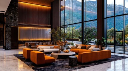 Luxurious hotel lobby with expansive mountain views, featuring modern furniture and warm lighting.
