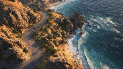 Aerial view of rugged coastline with turquoise waters crashing against rocky cliffs under bright daylight