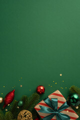 Christmas-themed vertical decorations and gift-wrapped present with festive colors on a green...