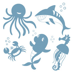 Obraz premium Illustration of a collection of smiling sea creatures including an octopus shark crab dolphin and seahorse on transparent background