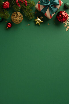 Festively arranged verticaly Christmas ornaments and a wrapped gift displayed on a green backdrop