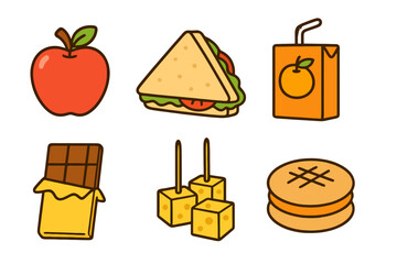 Hand-drawn icon pack featuring vivid school snacks such as juice pouch, apple, cheese, sandwich and candy bar. Perfect for educational games, apps and kids’ menus.