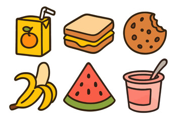 Flat hand-drawn kids lunch icons featuring classic school snacks like fruits, cookies and sandwiches. Appetizing and playful palette, ideal for UI, packaging and menus.