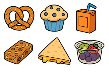 Cartoon icon collection with common school snacks such as granola bar, fruit cup, muffin and pretzel. Ideal for educational apps, menus and food packaging with clear design.