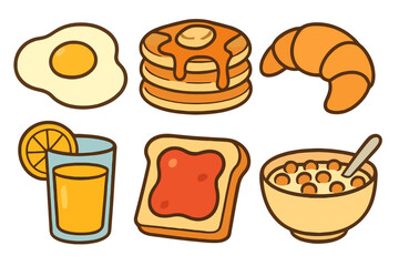 Cartoon breakfast icon set with eggs, pancakes, toast, croissant, cereal and juice. Appetizing flat colors, black outlines and transparent background. Perfect for food apps and menus.