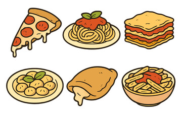 Flat hand-drawn Italian dish icons featuring classic pastas and pizzas with rich appetizing tones. Designed for apps, packaging and food branding with transparent background.