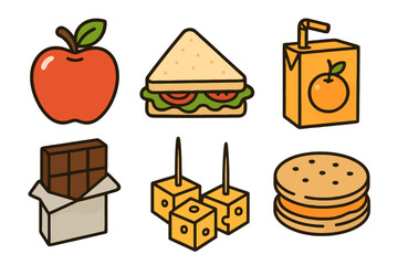 Colorful cartoon snack icon set with school favorites like apple, sandwich, juice, chocolate and crackers. Black outline, vibrant tones and transparent background for food UI and design.
