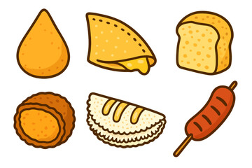 Cartoon Brazilian food icons featuring coxinha, pastel, pão de queijo, acarajé, tapioca and sausage skewer. Warm tasty palette, black outline and transparent background.