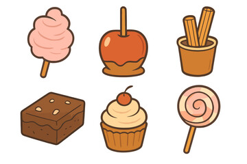 Flat hand-drawn dessert icons from fair foods and sweets like churros, lollipops and cupcakes. Clean black outline with a warm, inviting cartoon palette. Ideal for apps and menus.

