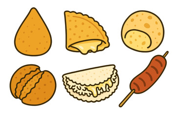 Flat cartoon icon set with typical Brazilian snacks in hand-drawn style. Includes street food classics like pastel, coxinha and tapioca. Great for apps, menus and UI.

