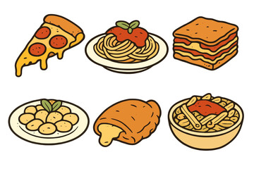 Cartoon Italian food icon set with pizza, lasagna, spaghetti, gnocchi, penne and calzone. Warm tasty colors, black outlines and transparent background. Ideal for UI and menus.