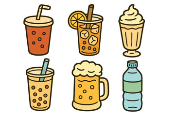 Flat cartoon beverage icons including popular fast food drinks like cola, milkshake and bubble tea. Designed with tasty colors and black outline for mobile and web use.