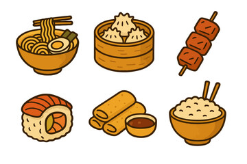 Flat hand-drawn icon pack with popular Asian street foods like ramen, yakitori and sushi. Designed with clean black lines and tasty color palette. Ideal for menus and apps.

