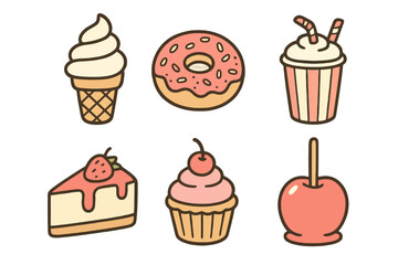 Flat cartoon sweet food icons including classic fast food desserts in hand-drawn style: ice cream, cupcake, milkshake and more. Ideal for web, app or packaging.