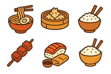 Cartoon Asian food icon set featuring ramen, dumplings, sushi, skewers, spring rolls and rice bowl. Warm, appetizing colors and black outlines on transparent background.