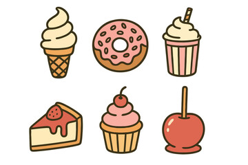 Cartoon dessert icon set with ice cream, donut, milkshake, cheesecake, cupcake and candy apple. Pastel colors, black outlines and transparent background. Great for food UI.