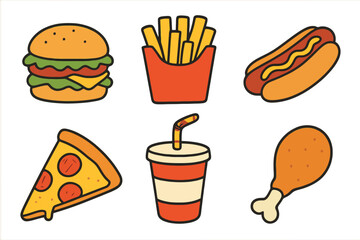 Flat cartoon icon pack with fast food favorites like cheeseburger, french fries, pizza slice and soft drink. Colorful, outlined and ready for web or mobile use.