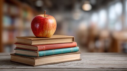 A red apple rests atop a stack of vintage books in a library setting