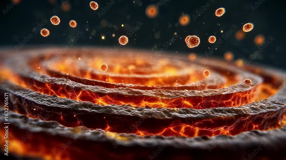 Poster animated sequence depicting fiery meninges layers swelling as cerebrospinal fluid becomes turbid wit