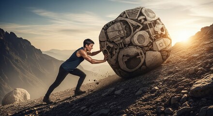 Determined person pushing a large, symbolic boulder uphill against a dramatic mountain landscape at sunset.