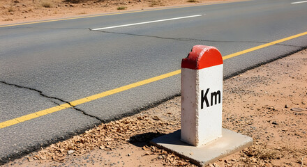 Kilometer Marker Indicates Distance On Asphalt Road In Sunny Climate