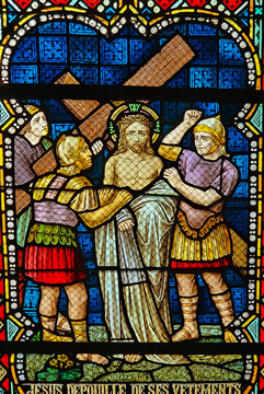 Stained Glass &ndash; Jesus Stripped of His Garments, Rochefort Church, Belgium