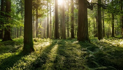 Obraz premium a serene forest scene with tall trees bathed in soft sunlight highlighting lush green foliage and a tranquil atmosphere