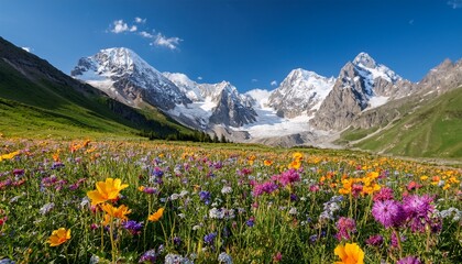 Fototapeta premium a mountain meadow bursts with colorful flowers creating a stunning contrast with the snow capped peaks