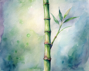 Single Bamboo Stalk Illustration with Green Leaves