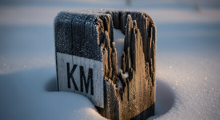 Kilometer Marker Partially Submerged In The Snow On A Bright Winter Day