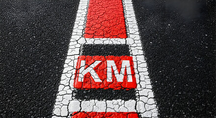 Kilometer Marker On Weathered Asphalt Road Surface Indicates Distance