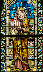 Stained Glass – Saint Clotilde Holding a Church, Rochefort Church, Belgium